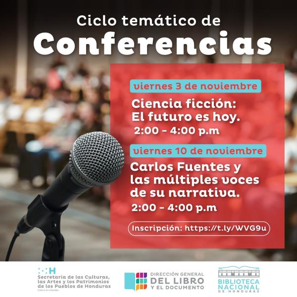 📚📖 En la Biblioteca Nacional «Juan Ramón Molina» estamos interesados en incentivar la lectura de autores y autoras fundamentales de la ciencia ficción y la literatura latinoamericana contemporánea, es por ello que extendemos la más cordial invitación para que sean parte de nuestro Ciclo temático de conferencias.  🗓Iniciaremos el viernes 3 de noviembre de 2023 con la conferencia Ciencia ficción: El futuro es hoy.  🗓La segunda conferencia será el viernes 10 de noviembre de 2023 con el tema: Carlos Fuentes