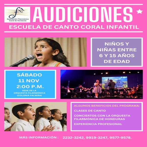Asociación Filarmónica Coral de Honduras te invita a las audiciones de la Escuela de Canto Coral Infantil
